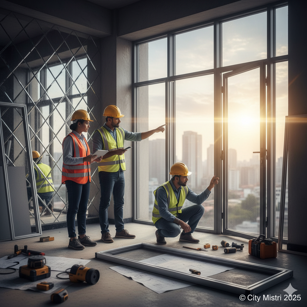 City Mistri Professional Team Working on Glass and Aluminum Installation