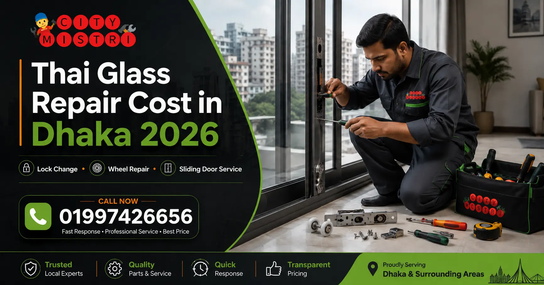 Thai glass lock change and sliding door wheel repair service in Dhaka by City Mistri